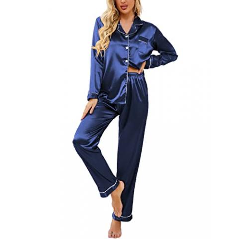 Ekouaer Women's Classic Button Down Long Satin Silk Pajama Set,Small,Navy Blue