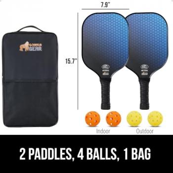 Gorilla Gear USAPA Pickleball Approved Paddle, Fiberglass Shock Absorbent Racket with Ergonomic Grip, Indoor Outdoor Pickle Ball Court Sports Accessories, Set of 2 Paddles 4 Balls and 1 Bag, Blue