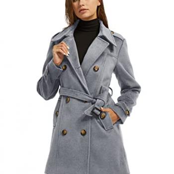 wantdo Women's Casual Long Sleeve Double Breasted Pea Coat with Belt Grey M