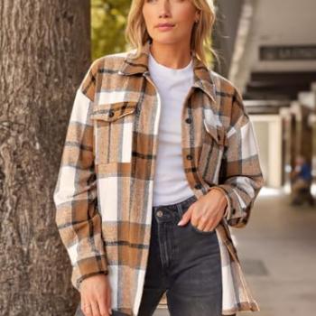 AUTOMET Womens Fall Outfits Fashion Clothes Shackets Flannel Plaid Button Down Long Sleeve Shirts Jackets 2024 Apricot XXL