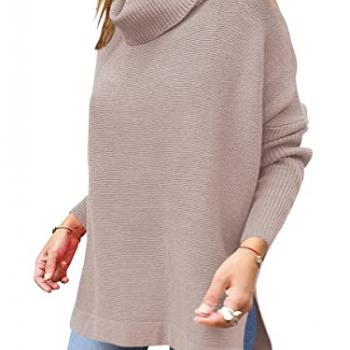 ANRABESS Women's Oversized Turtleneck Batwing Sleeve Spilt Casual Loose Knit Tunic Pullover Sweater Tops 2024 Fall Outfits Almond X-Small