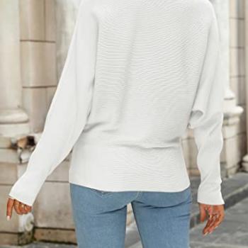 ZESICA Women's 2024 Fall Turtleneck Batwing Long Sleeve Ribbed Knit Casual Soft Pullover Sweater Jumper Top,White,Medium