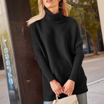 LILLUSORY Sweaters for Women Turtleneck Oversized Cashmere 2024 Pullover Long Mock Batwing Tunic Trendy Clearance Clothes Black