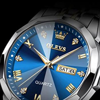 OLEVS Watch for Men Diamond Business Dress Analog Quartz Stainless Steel Waterproof Luminous Date Two Tone Luxury Casual Wrist Watch Blue