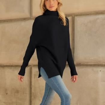 LILLUSORY Oversized Sweaters Women Long Turtleneck Turtle Neck Tunic 2024 Trendy Mock Pullover Batwing Sweater Tops Wear Leggings Black