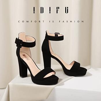 IDIFU Women's IN4 Sabrina Platform Chunky High Heels Ankle Strap Heeled Sandals Wedding Party Dress Shoes (Black Nubuck, 8)