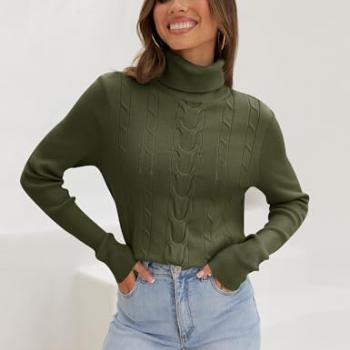 LEANI Womens 2024 Turtleneck Sweaters Cable Knit Long Sleeve Pullover Sweater Jumper ArmyGreen Medium