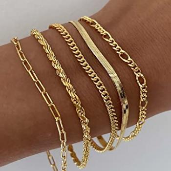 DEARMAY Gold Bracelets for Women Trendy Gold Jewelry Set for Women Cuban Link Chain 14K Gold Plated Filled Figaro Paperclip Rope Herringbone Bracelet Pack 18K Gifts for Women