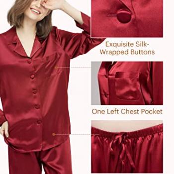 LilySilk Silk Pajamas for Women Button Up Pajamas Set for Ladies Girls Soft Maternity Pajamas Birthday Bridal Party Gift for Christmas Anniversary Valentine's day, Claret L