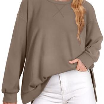 WIHOLL Womens Sweatshirt Lightweight Oversized Crewneck Pullover Long Sleeve Tops Soft Sweatshirts Loose Fit Fall Fashion 2024 Y2K Casual Side Slit Shirts Coffee 2XL