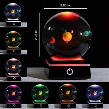 3D Crystal Ball with Solar System Model and LED lamp Base, Clear 80mm (3.15 inch), Best Birthday Girlfriend Gift, Teacher of Physics, Classmates and Kids Gift