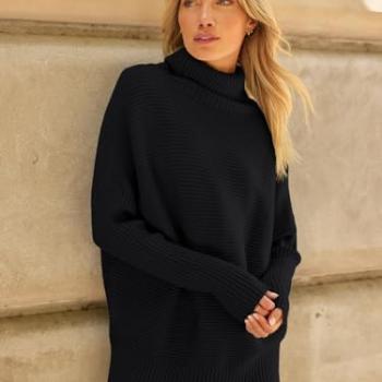 LILLUSORY Oversized Sweaters Women Long Turtleneck Turtle Neck Tunic 2024 Trendy Mock Pullover Batwing Sweater Tops Wear Leggings Black