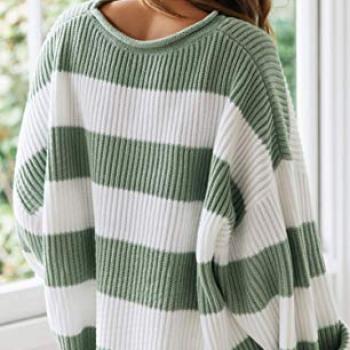 ZESICA Women's 2024 Fall Long Sleeve Crew Neck Striped Color Block Comfy Loose Oversized Knitted Pullover Sweater,Green,Medium