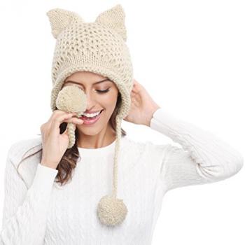 Bellady Winter Cute Cat Ears Knit Hat Ear Flap Crochet Beanie Hat,Beige