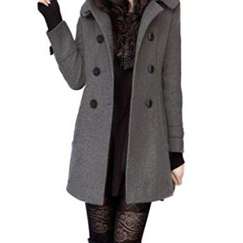 Tanming Women's Warm Double Breasted Wool Pea Coat Trench Coat Jacket with Hood (Grey-L)