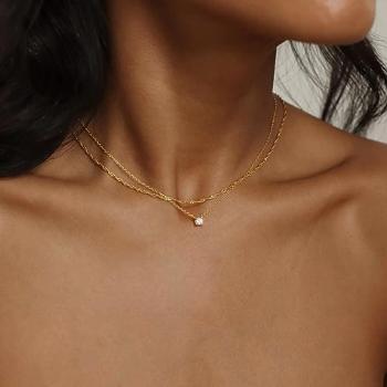 Tewiky Gold Necklace, Dainty Gold Layered Gold Plated Diamond Necklaces Simple CZ Solitaire Pendant Necklace Cute Gold Cubic Zirconia Chain Choker for Women Trendys Gold Jewelry Gift