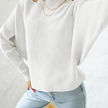 ZESICA Women's 2024 Fall Turtleneck Batwing Long Sleeve Ribbed Knit Casual Soft Pullover Sweater Jumper Top,White,Medium