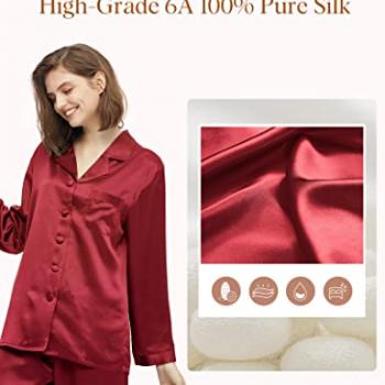 LilySilk Silk Pajamas for Women Button Up Pajamas Set for Ladies Girls Soft Maternity Pajamas Birthday Bridal Party Gift for Christmas Anniversary Valentine's day, Claret L