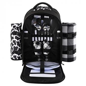 apollo walker Picnic Backpack Bag for 2 Person with Cooler Compartment, Detachable Bottle/Wine Holder, Fleece Blanket, Plates and Cutlery Set (2 Person, Black)