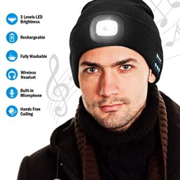 Bluetooth Beanie with Light, Unisex USB Rechargeable 4 LED Headlamp Hat with Wireless Headphones, Unique Christmas Birthday Gifts for Men Him Husband Teen (Black)