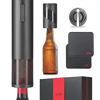 SOW - Electric Wine Opener with Foil Cutter + Redesigned Beer/Soda Bottle Opener + 2 Leather Coasters - Storage/Gift Box