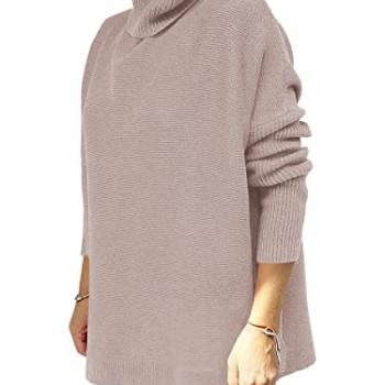 ANRABESS Women's Oversized Turtleneck Batwing Sleeve Spilt Casual Loose Knit Tunic Pullover Sweater Tops 2024 Fall Outfits Almond X-Small