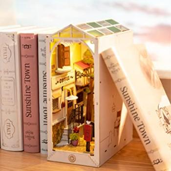 ROBOTIME DIY Book Nook Kit Bookend Stand Bookshelf Insert Bookcase Miniature House with Sensor Light 3D Wooden Puzzle Model Building (Sunshine Town)