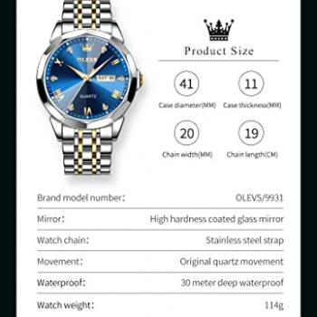 OLEVS Watch for Men Diamond Business Dress Analog Quartz Stainless Steel Waterproof Luminous Date Two Tone Luxury Casual Wrist Watch Blue