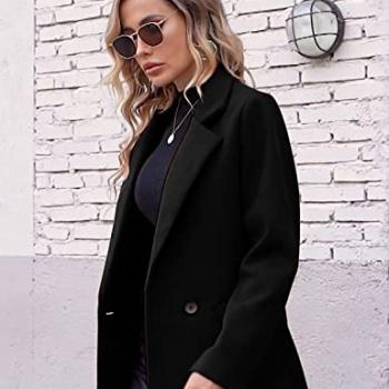 Hooever Women's Winter Wool Coat Casual Notch Lapel Single-Breasted Peacoat(Black-L)