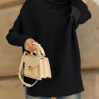 LILLUSORY Oversized Sweaters Women Long Turtleneck Turtle Neck Tunic 2024 Trendy Mock Pullover Batwing Sweater Tops Wear Leggings Black