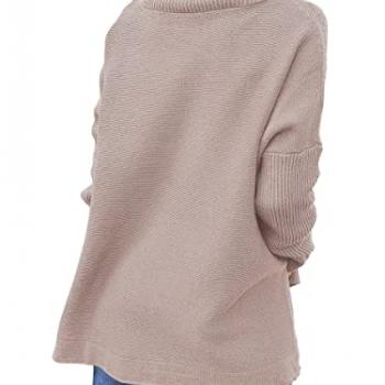 ANRABESS Women's Oversized Turtleneck Batwing Sleeve Spilt Casual Loose Knit Tunic Pullover Sweater Tops 2024 Fall Outfits Almond X-Small