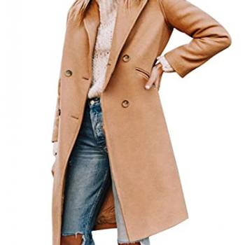 Yousify Womens Notched Lapel Collar Double Breasted Pea Coat Winter Wool Blend Over Coats Long Jackets Camel S