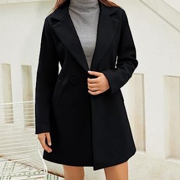 Springrain Women's Wool Pea Coat Notched Collar Double Breasted Midi Long Trench Coat Outwear (Black, M)