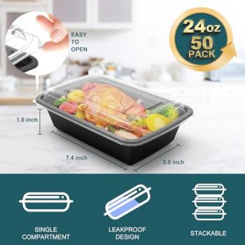 WGCC Meal Prep Containers, 50 Pack Extra-thick Food Storage Containers with Lids, Disposable & Reusable Plastic Bento Lunch Box, BPA Free, Stackable, Microwave/Dishwasher/Freezer Safe (24 oz)