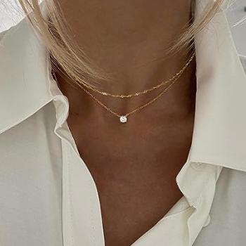 Tewiky Gold Necklace, Dainty Gold Layered Gold Plated Diamond Necklaces Simple CZ Solitaire Pendant Necklace Cute Gold Cubic Zirconia Chain Choker for Women Trendys Gold Jewelry Gift