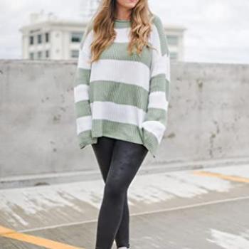 ZESICA Women's 2024 Fall Long Sleeve Crew Neck Striped Color Block Comfy Loose Oversized Knitted Pullover Sweater,Green,Medium