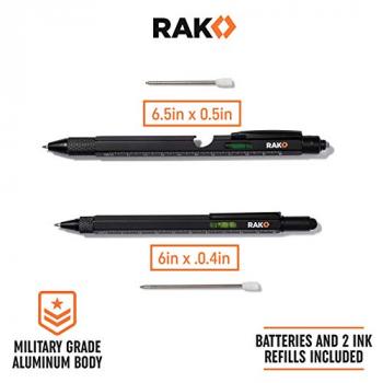 RAK Multi-Tool 2Pc Pen Set - LED Light, Touchscreen Stylus, Ruler, Level, Bottle Opener, Phillips Screwdriver, Flathead, and Ballpoint Pen