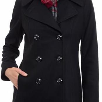 LONDON FOG womens Double Breasted Peacoat With Scarf Pea Coat, Black, Large US