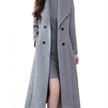 chouyatou Women's Chic Shawl Collar Work Double Breasted Maxi Long Wool Pea Coat (Large, Grey)