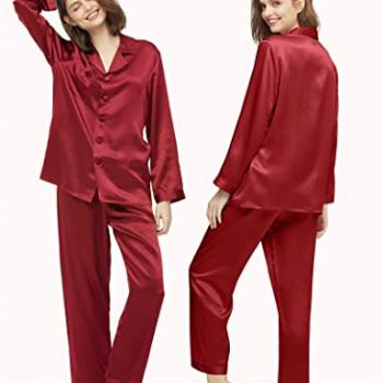 LilySilk Silk Pajamas for Women Button Up Pajamas Set for Ladies Girls Soft Maternity Pajamas Birthday Bridal Party Gift for Christmas Anniversary Valentine's day, Claret L