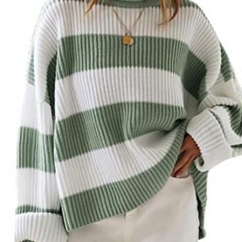 ZESICA Women's 2024 Fall Long Sleeve Crew Neck Striped Color Block Comfy Loose Oversized Knitted Pullover Sweater,Green,Medium