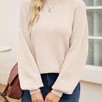 ZESICA Women's 2024 Casual Turtleneck Long Lantern Sleeve Oversized Ribbed Knit Pullover Sweater Jumper Top,Beige,Medium