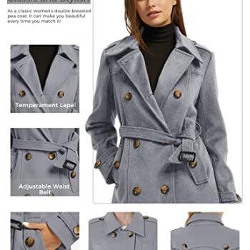 wantdo Women's Casual Long Sleeve Double Breasted Pea Coat with Belt Grey M