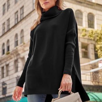 LILLUSORY Sweaters for Women Turtleneck Oversized Cashmere 2024 Pullover Long Mock Batwing Tunic Trendy Clearance Clothes Black