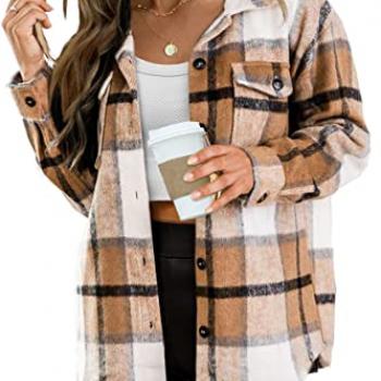 AUTOMET Womens Fall Outfits Fashion Clothes Shackets Flannel Plaid Button Down Long Sleeve Shirts Jackets 2024 Apricot XXL