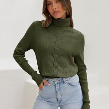 LEANI Womens 2024 Turtleneck Sweaters Cable Knit Long Sleeve Pullover Sweater Jumper ArmyGreen Medium