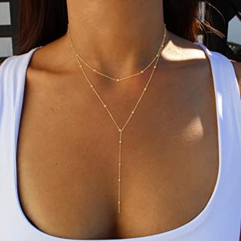 Foxgirl Dainty Long Gold Necklaces for Women, Trendy Lariat Y Necklace 14k Gold Plated Layered Beaded Drop Necklaces Simple Handmade Bar CZ Pendant Y-Shaped Chain Jewelry Gift Wedding