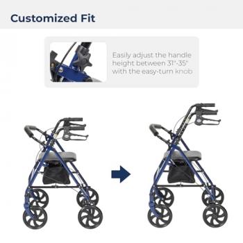 Drive Medical 10257BL-1 4 Wheel Rollator Walker With Seat, Steel Rolling Walker, Height Adjustable, 7.5" Wheels, Removable Back Support, 300 Pound Weight Capacity, Blue