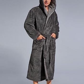 SlumberMee Mens Fleece Plush Robe with Hood Ultra Soft Fluffy Full Length Long with Pockets Luxurious House Coat (Dark Gray, M)