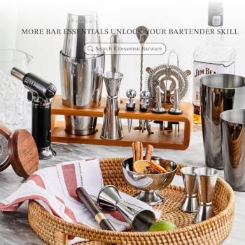 KITESSENSU Cocktail Shaker Set Bartender Kit with Stand | Bar Set Drink Mixer Set with All Essential Accessory Tools: Martini Shaker, Jigger, Strainer, Mixer Spoon, Muddler, Liquor Pourers |Silver